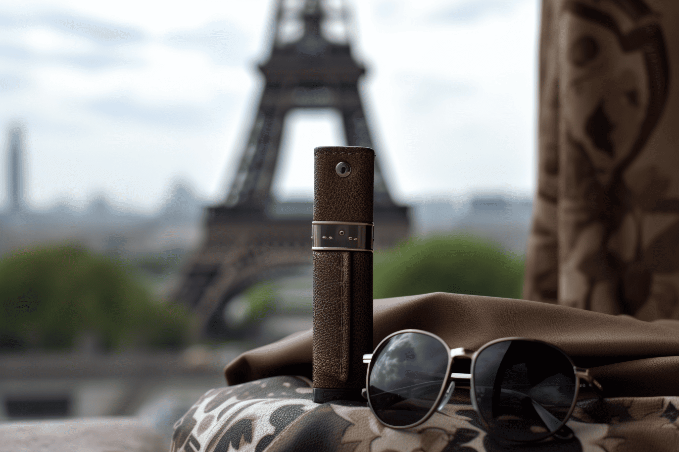 Luxury travel accessories with Eiffel Tower in background