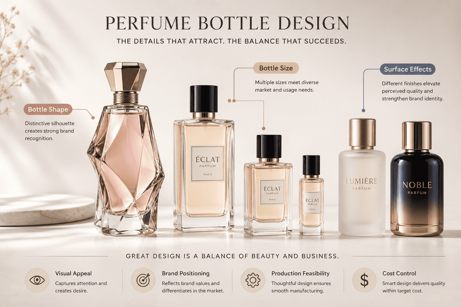 Perfume glass bottle design with different shapes sizes and surface effects