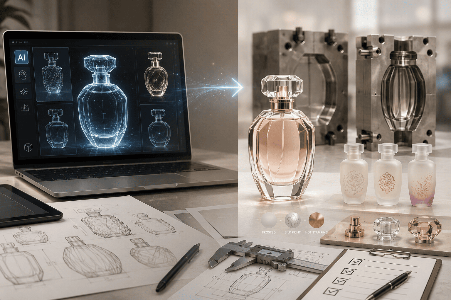 AI perfume bottle concept transformed into real glass bottle production