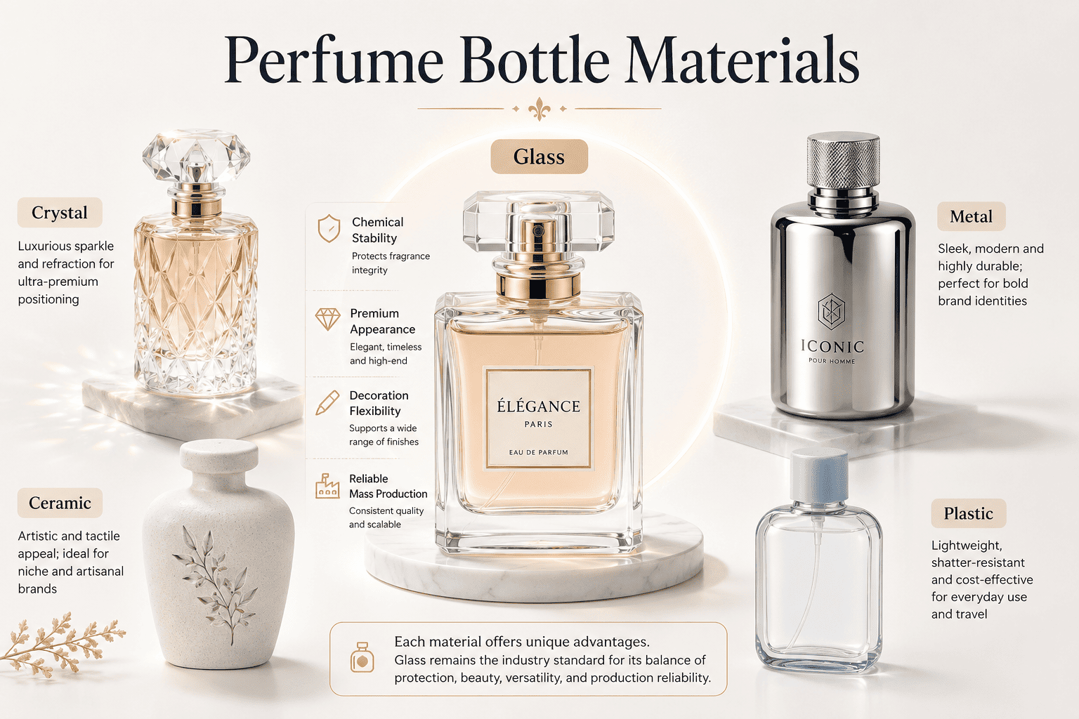 Different perfume bottle materials including glass crystal ceramic metal and plastic