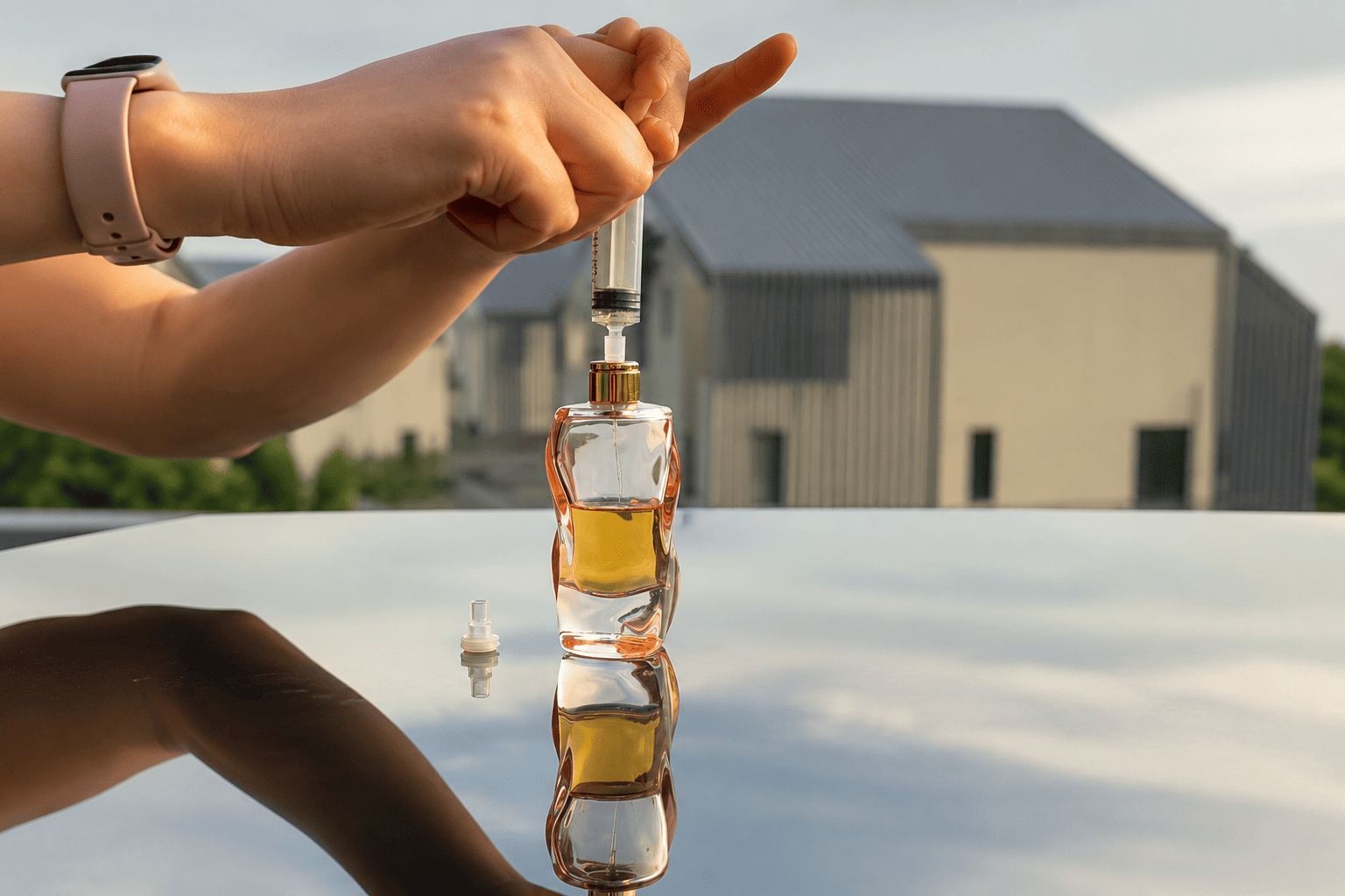 Refilling a crimp perfume bottle without removing the pump