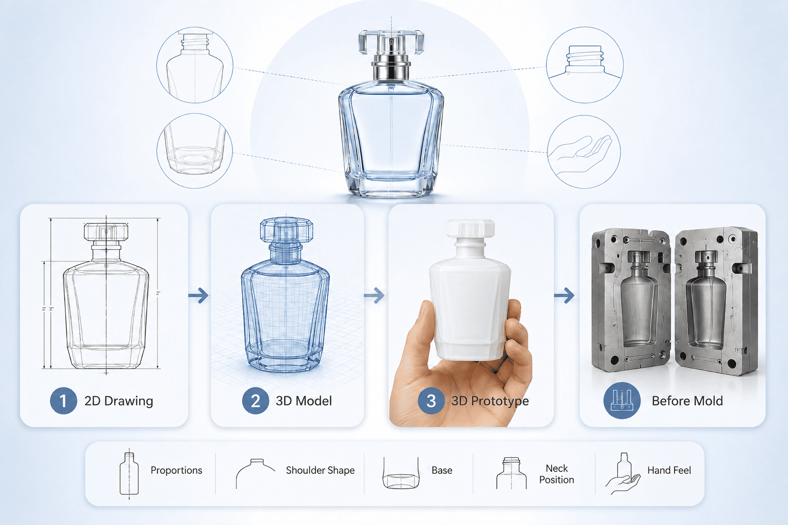 2D drawing 3D modeling and perfume bottle prototype