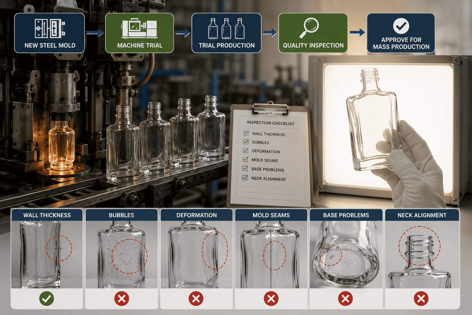 Glass bottle mold trial and strong light inspection