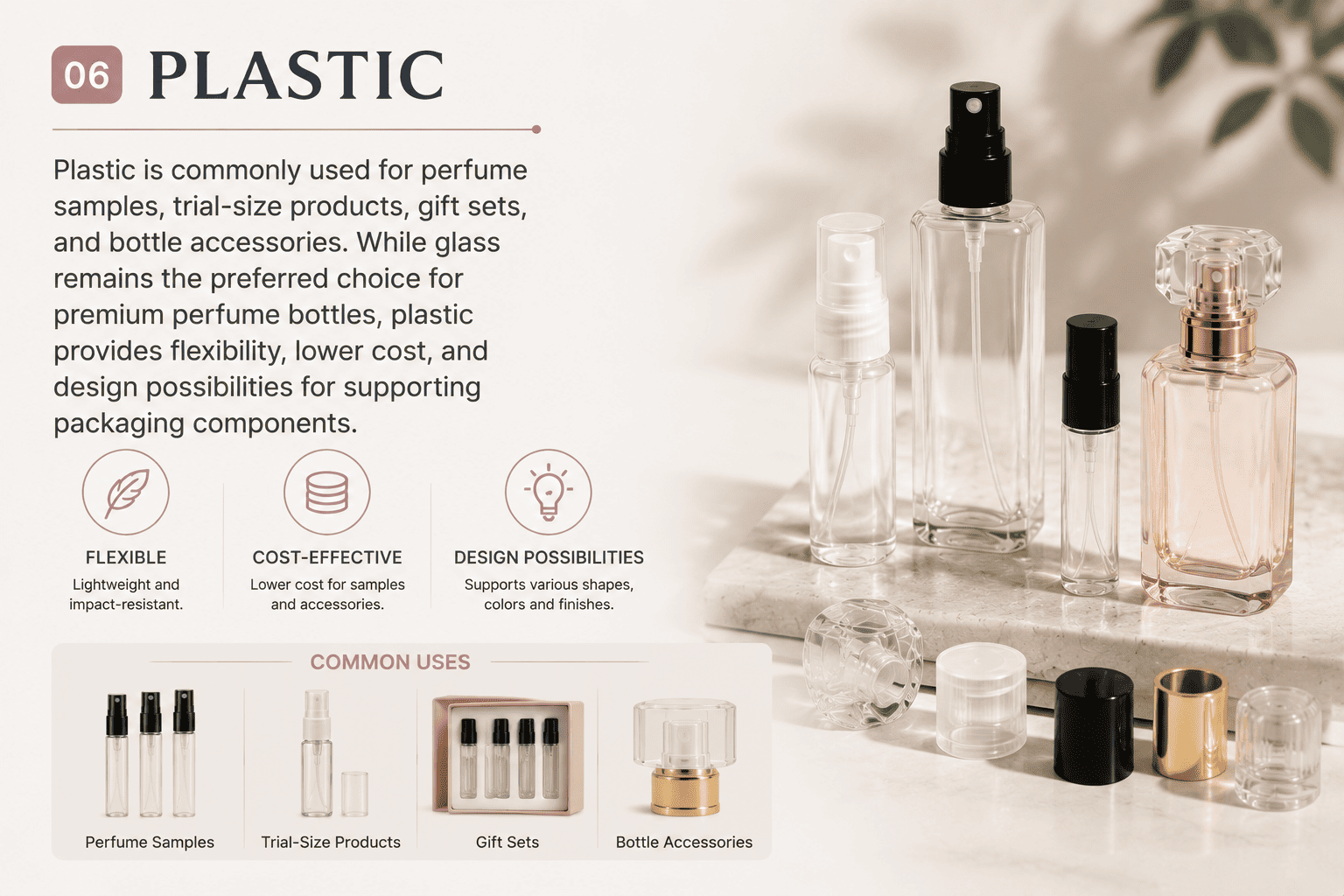 Plastic perfume sample bottles and perfume bottle accessories