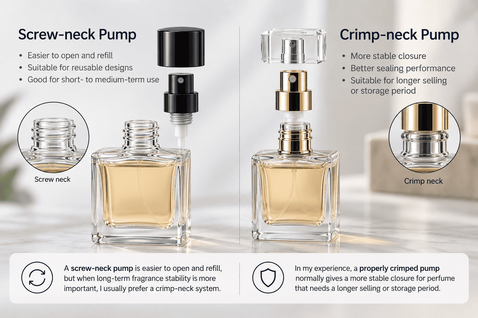 crimp pump vs screw pump perfume bottle