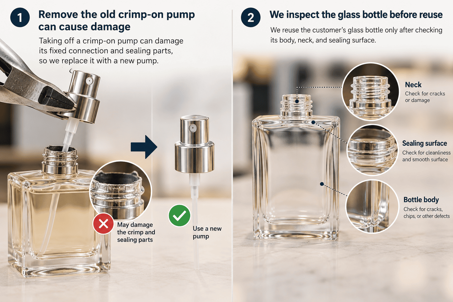 replacing a crimp-on perfume spray pump during refill