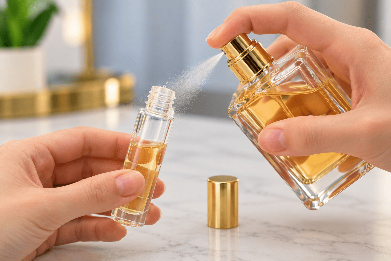 spray perfume into travel bottle